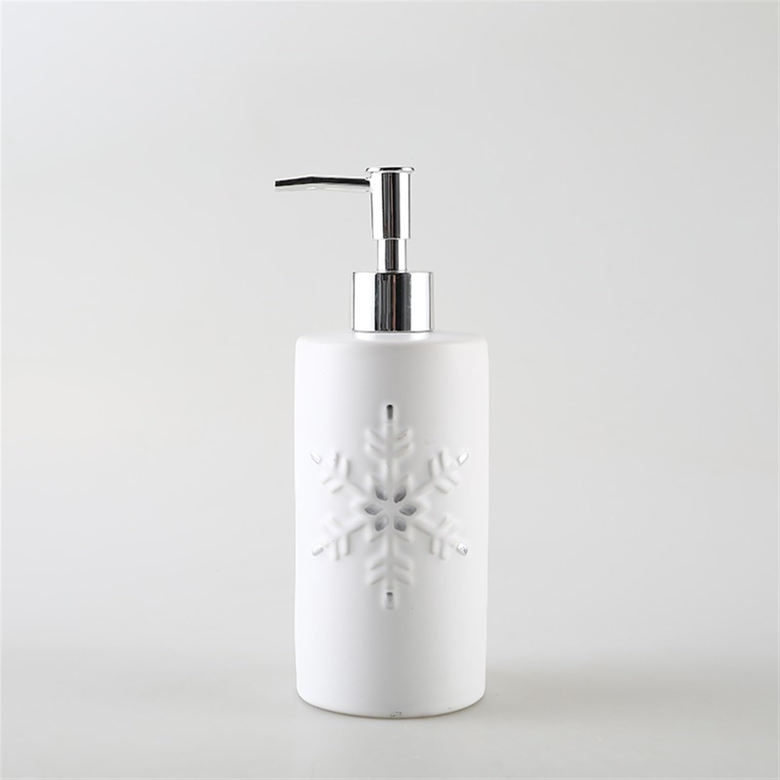 Dispensador de jabón de cerámica para baño, encimera, Relieve, diseño de Copo de Nieve, Blanco, Botella con dosificador, Recargable, para lavavajillas, 550 ml.