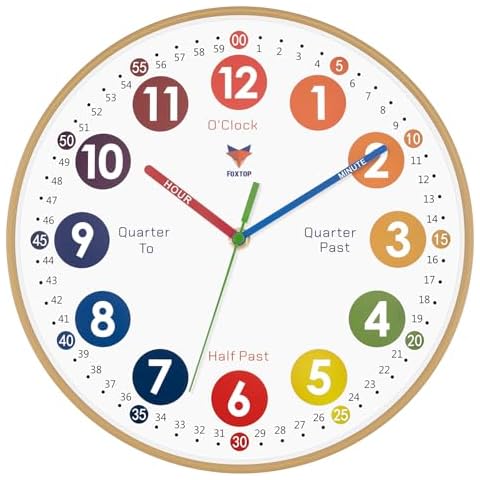 Foxtop Learning Clock for Kids - Telling Time Teaching Clock 12 Inch Silent Non-Ticking Battery Operated Analog Kids Wall Clock for Kids Room Playroom Nursery Classroom School Cover