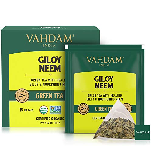 Image of VAHDAM Organic Amla Ginger Tea - 15 Green Tea Bags & VAHDAM, Organic Giloy Neem Detox Green Tea Bags (15 TBS)