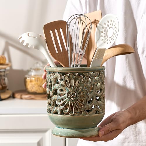 Farmhouse-Kitchen-Utensil-Holder-for-Countertop-Ceramic-Large-Cooking-Utensil-Crock-with-Cork-Mat-Decorative-Rustic-Utensil-Holder-for-Kitchen-Counter-Hollow-Carving-Flower-Blue