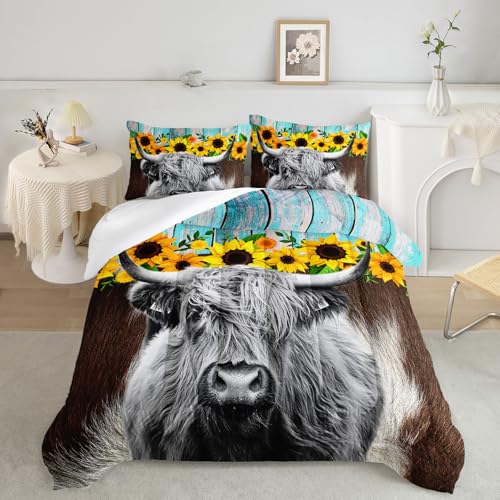 Axolotl Highland Cattle Sunflowers Queen Comforter Set