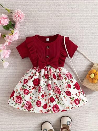 Image of Buy & Try by Dharmikaay Lycra Girl's Floral Printed Frock Dress for Girls Short Frock Baby Princess Wester Dress| Stylish Fancy Kids Clothing for Festival, Birthday, Fashion