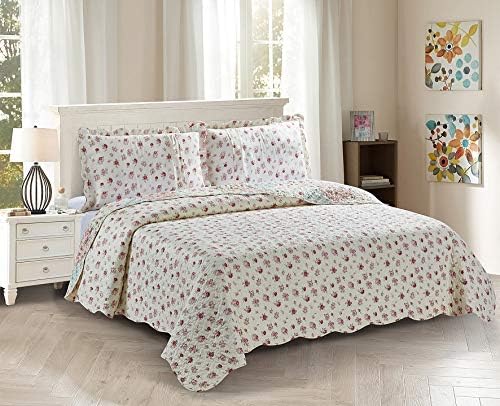 brilliant sunshine pink and green rose patchwork, 3-piece quilt set with 2 shams, reversible bedspread, soft lightweight coverlet, all-season, king, pink green pink green quilt set king