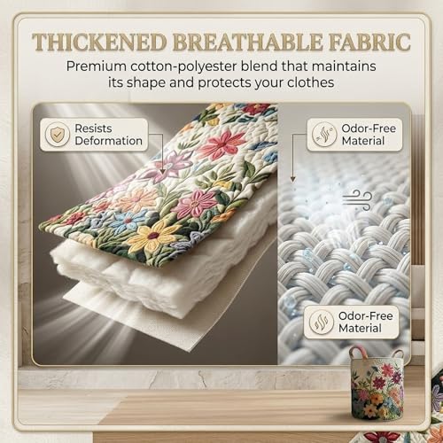 Image of Quilted Laundry Baskets with Handles, Large Floral Fabric Hampers, Extra Soft Boho Chic Storage Organizer for Nurseries, Collapsible Clothes Bins, Portable Bedroom Washing Container