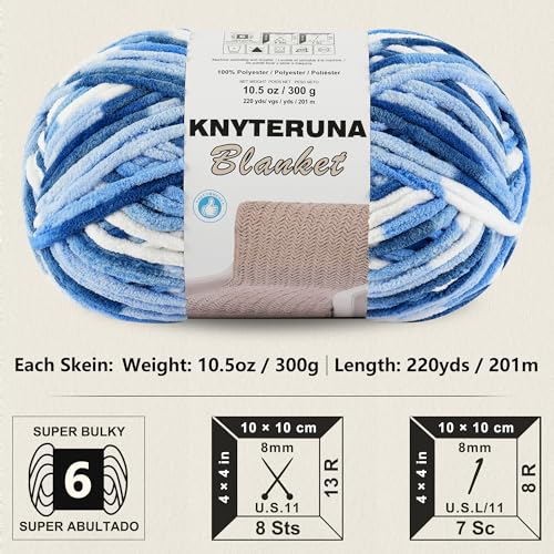 Image of #6 Super Bulky Blanket Yarn for Crocheting - 4 Skeins(Each 10.5oz /300g, 220yds /201m), Chunky Chenille Thick Plush Big Soft Yarn for Crocheting Knitting Blankets, Sky & Navy & Royal & White