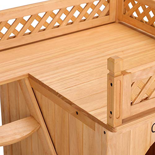 CADOCA® Tierhaus FSC®-Zertifiziert Kiefer 65x55x54cm 2-stöckig Treppe Sonnenterrasse Katzenhaus Katzenhütte Hundehütte Katzenvilla Lodge Balkon