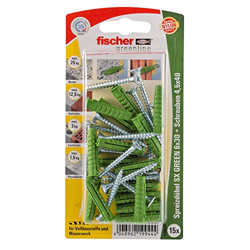 Fischer Spreizdübel SX Green 6x30 S K, 15 x Spanplattenschraube 4,5 x 40, 524820