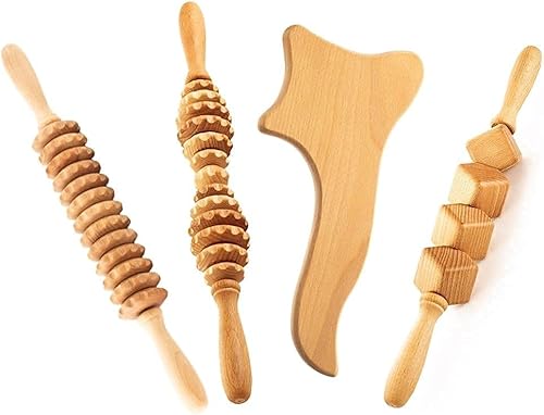 Mr. Woodware Juego completo de Maderotherapy de 4 a 3 rodillos de drenaje linfático resistentes de madera + 1 paleta linfática Gua Sha para terapia