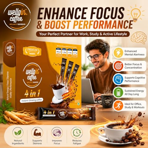 Image of Wellgin Premium Instant Ginseng Coffee | Korean Ginseng Infused Coffee for Energy, Focus & Stamina | Vegan, Organic, Gluten Free, GMO Free | No Added Preservatives | FSSAI Certified | Pack of 10 Sachets