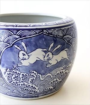 Amazon.co.jp: 火鉢 うさぎ 陶器鉢 水鉢 陶器 睡蓮鉢 メダカ鉢