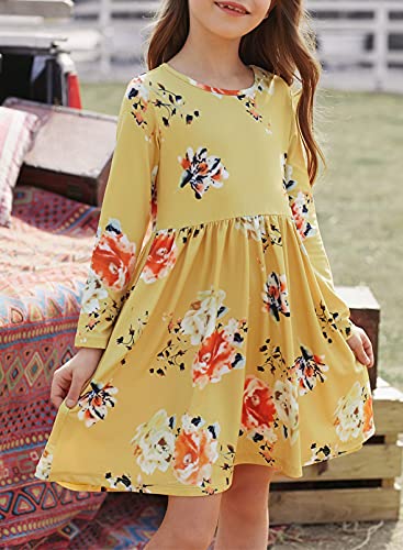 Ecokauer Girls Long Sleeve Floral Print Pleated Swing Casual Midi Dress with Pocket Size 4-134