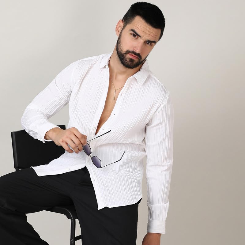 Image of CAHOOT Men's Self-Design Striped Shirt for Casual Wear | Spread Collar | Long Sleeve | Button Closure | Shirt Crafted with Comfort Fit for Everyday Wear