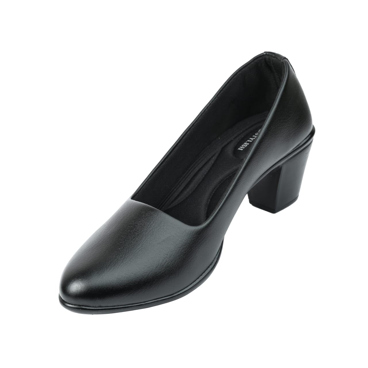 Women's Classic Black Block Heel Pumps, Textured Synthetic Leather, Round Toe, Slip-Resistant Sole, Cushioned Memory Foam Insole, Office Wear
