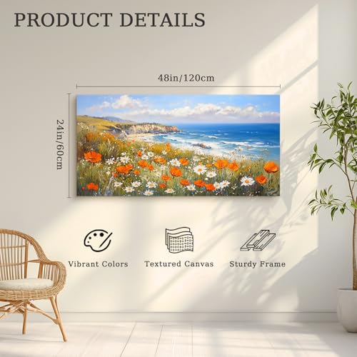 crmotu Coastal Wall Art, Flower Pictures Wall Decor, Large Landscape Wall Art, Wildflower Field Art Prints, Ocean Aesthetic Paintings for Living Room Bedroom Hotel, Office Wall Decor 24x48inch