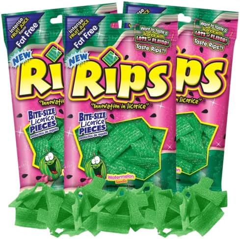 Needzo Rips Licorice Bite Size Candy, Watermelon Real Fruit Juice Flavored Fat Free Candies, Edible Cake and Cupcake Toppers for Birthday Parties and Events, Pack of 3, 4 Ounces Each