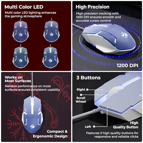 Image of Zebronics Wired Keyboard & Mouse Combo, 104-Key, 1200 DPI, ₹ Key & Multimedia Controls, Ergonomic Mouse, 1.3m Cable, Multicolor LED (War 2, White + Blue)