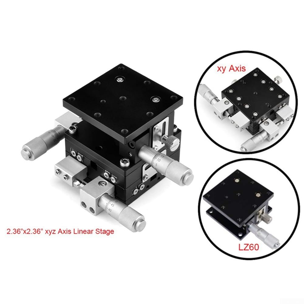 Table linéaire XYZ manuelle 60 x 60 mm, plate-forme de réglage à 3 axes avec course de 10 mm, alliage d'aluminium, 0,01 mm pour résolution pour optique, laboratoire et ajustement, modèle LD60-LM, noir