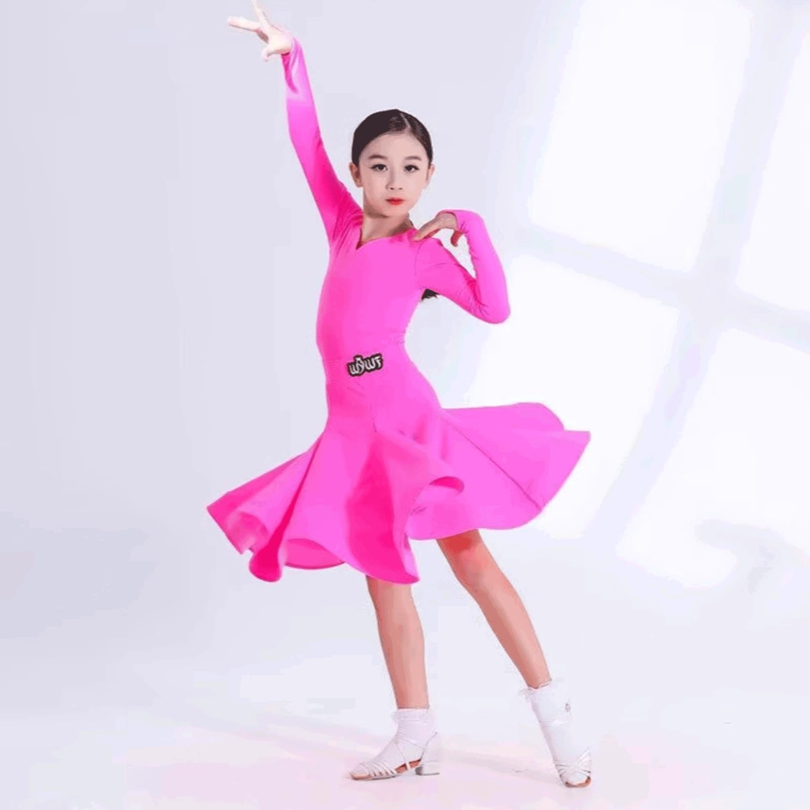 Dziewczęcy strój do tańca latynoamerykańskiego dla dzieci, dekolt w serek z falbanką u dołu strój tańca towarzyskiego rumba samba ćwiczenia zawody tango chacha występ