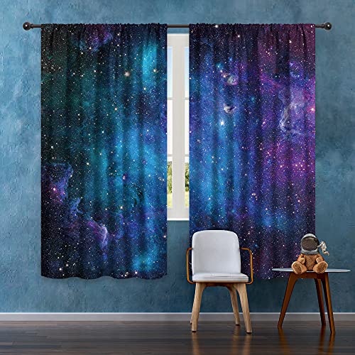 Riyidecor Kids Boys Galaxy Celestial Curtains Outer Space Rod Pocket (2 Panels 52 x 63 Inch) Blue Planet Nebula Universe Black Starry Sky Living Room Bedroom Window Drape Treatment Fabric WW-CLLE