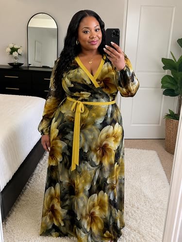 Image of PinkPatty Women's Long Sleeve Maxi Dress Plus Size Casual V Neck Wrap Dress with Pockets&Belt