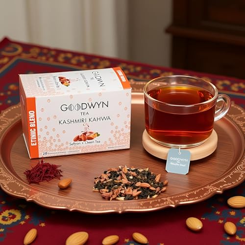 Image of Goodwyn Kashmiri Kahwa Green Tea (20 Tea Bags) | Authentic Herbal Qawah with Saffron, Almonds & Spices | Low Caffeine Herbal Tea | Non Bitter | Plastic Free Tea Bags
