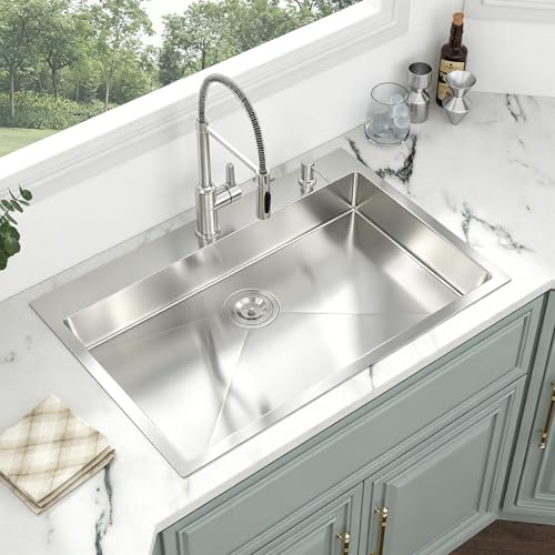 Image of Kichae 33 ADA Drop In Kitchen Sink - 33x22x5 Kitchen Sink Drop in Topmount Single Bowl 16-Gauge Stainless Steel Drop Sinks Round Corner Basin With Rack & Stainless Steel Sink Grid