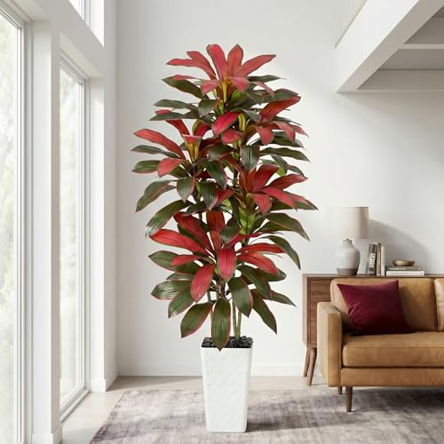Image of Artificial Red Dracaena Tree Indoor, 6FT Tall Fake Floor Plants with White Planter & Pebbles, Faux Silk Yucca Tree for Home Office Living Room Bedroom Farmhouse Modern Outdoor Topiary Tree