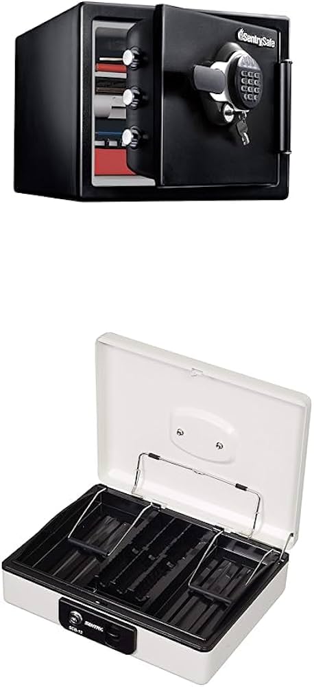 【Amazon.co.jp限定】SENTRY (セントリー) 金庫 家庭用 UL規格 1時間 耐火 耐水 22.8L A4 テンキー+鍵 ダブルロック トレイ 棚板 ブラック 2年保証 JFW082GUL & 金庫 手提げ金庫 小型 キャッシュボックス 収納ボックス 鍵付き B5 キーロック