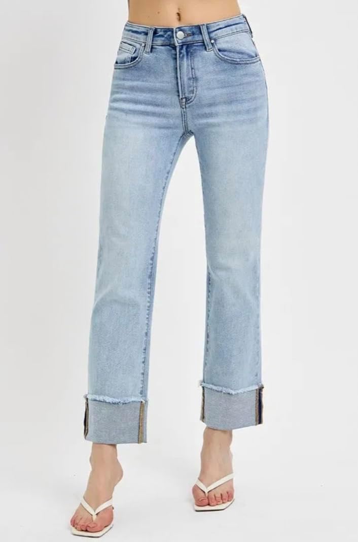 Risen High Rise Straight Cuffed Relaxed Jeans- Ivory Gem