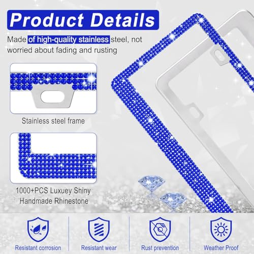 Image of Amiss Bling License Plate Frame for Women, 2Pack Rhinestone Handcrafted Crystal Premium Stainless Steel, Stainless Steel Car Decorative Accessories with Diamond Sparkle Glitter Caps (Blue)