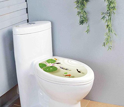 Bibitime Bathroom Toilet Seat Cover Decals Sticker Vinyl Toilet Lid Decal Decor (12.99" X 15.35", Lotus Flower Carps Fish) #TOP4