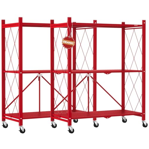 Image of DEANIC 3 Tier Foldable Storage Shelves with Wheels, Kitchen Appliance Stand, Freestanding Metal Wire Shelf Rack, No Assembly Organizer Rolling Cart for Garage, Basement, Pantry(Red Pack of 2)