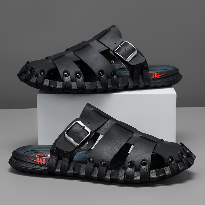 Image of Mens Leather Beach Slides Sandals For Men Closed Toe Hiking Outdoor Athletic Casual Walking Sandals Water Shoes Summer Fisherman