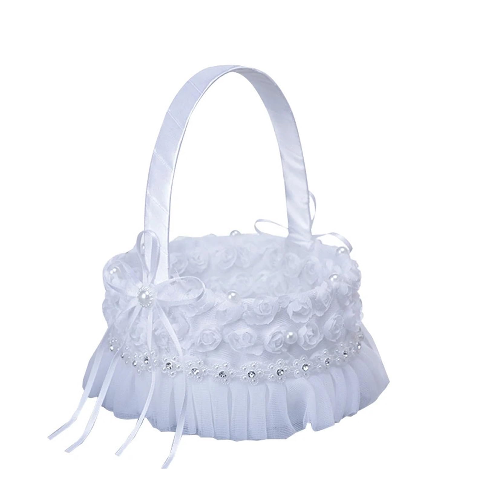 Wedding Petal Confetti Basket, Flower Basket For Wedding With Lace And Faux Flowers Decor - White(White1)