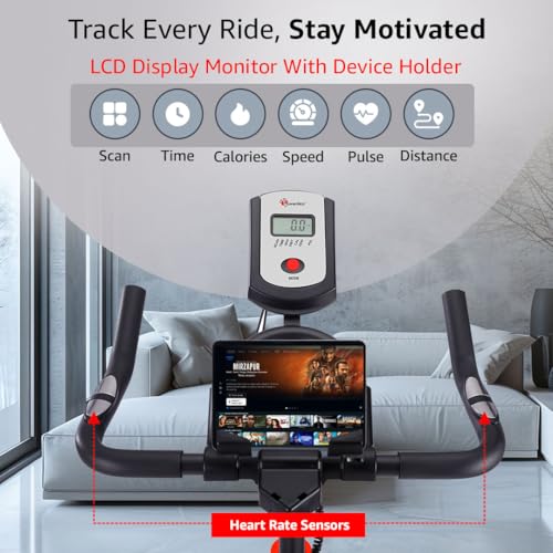PowerMax Fitness BS-125 Spin Exercise Bike for Home use, 16mm 7Kg Flywheel, Max User Weight 130kg, LCD Display, 2pc Crank, Heart Rate Sensor, Knob Braking, Adjustable Foot Strap and seat, iPad Holder