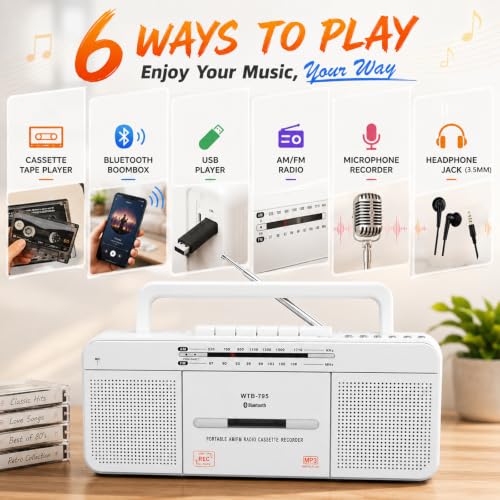 Image of Cassette Player Boombox, Portable AM /FM Radio Stereo with Bluetooth, USB, Dual Big Speaker, Earphone Jack, Record to Cassettes /USB via Mic,Cassette to MP3 Converter,AC /DC Powered