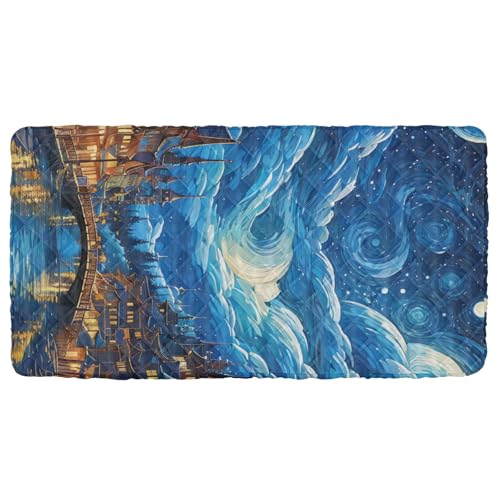 Portable Toddler Bed Sheet for Kids Ancient Castle with River Moon and Clouds Oil Painting Travel Bed Fitted Sheet