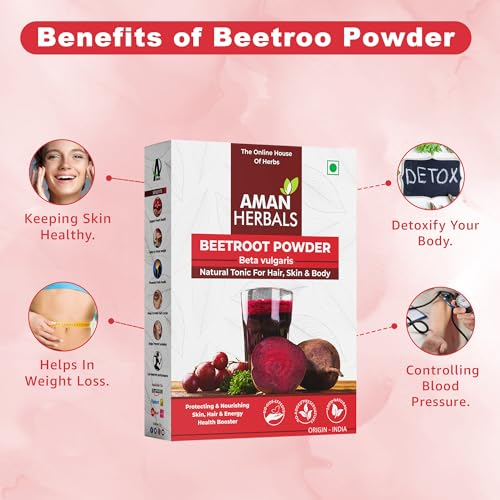Image of AMAN HERBALS Beetroot Powder, Natural Tonic for Hair, Skin & Body, 100% Pure, Origin - India (150GM)