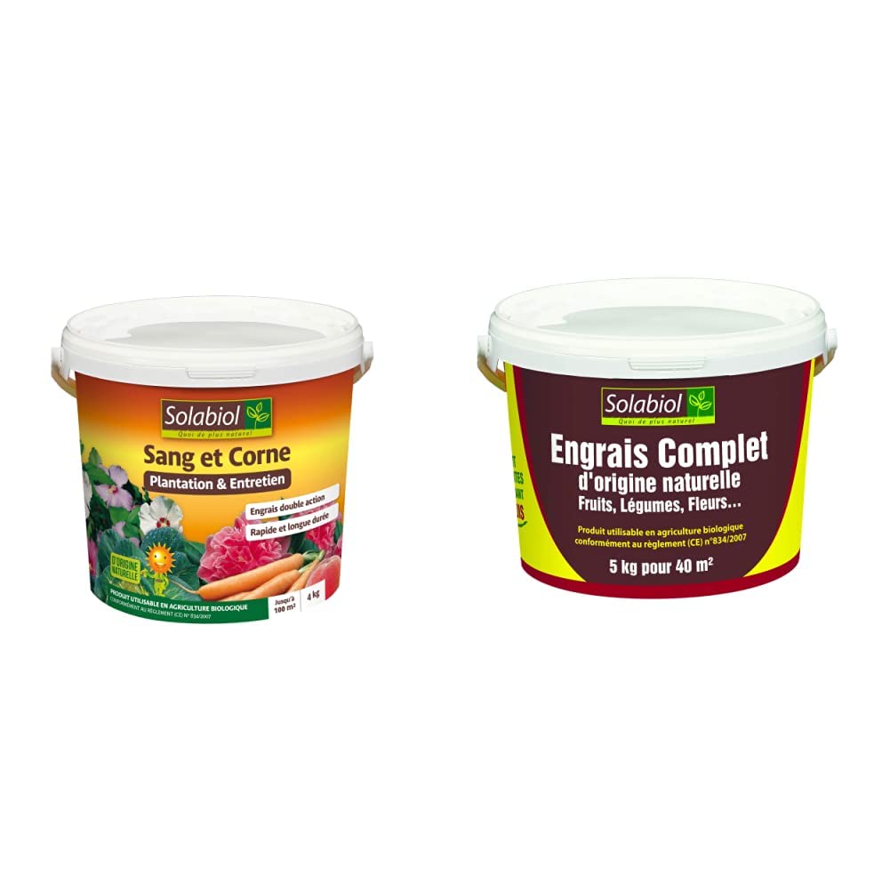 SOLABIOL Engrais Complet & Engrais Sang Et Corne - Seaux - Mini-Granulés - Epandage Facile & Sans Poussière - Double Action Starter & Nutrition Longue Durée