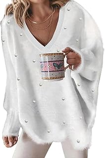 Women’s Pearl-Embellished V-Neck Sweater, Oversized Long Sleeve Knit Pullover