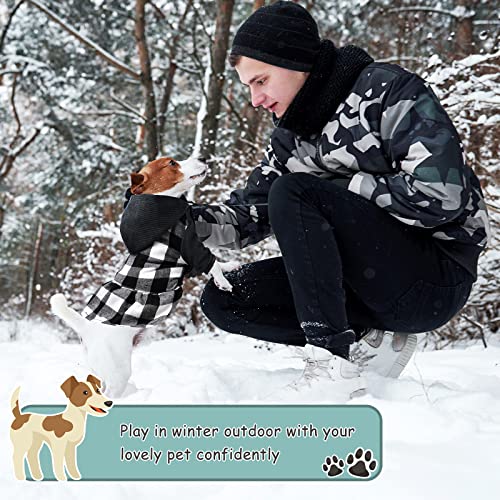 2 Pieces Christmas Knitted Plaid Dog Hoodie Dress Xmas Outfit Warm Soft Dog Sweater Skirt With Hat Winter Pet Coat Clothes With Leash Hole For Small Medium Puppy Wearing (Black White, Red Black,L) #TOP4