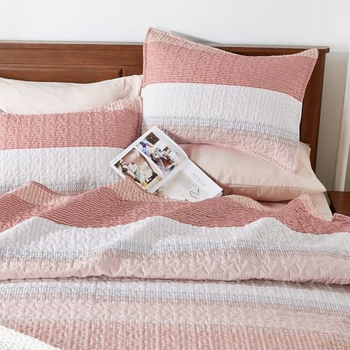 Image of Andency Queen Quilt Bedding Set Blush Pink, 3 Pieces Patchwork Summer Striped Ultra Soft Lightweight Bedspreads, Coverlets Set with 2 Pillow Shams for All Seasons (90 inchx96 inch)