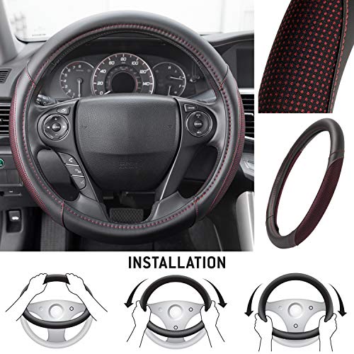 Image of Motor Trend Wine Steering Wheel Cover - Dotted Comfort Polyester Grip on Stitched Synthetic Leather, Wine Stitching /Black