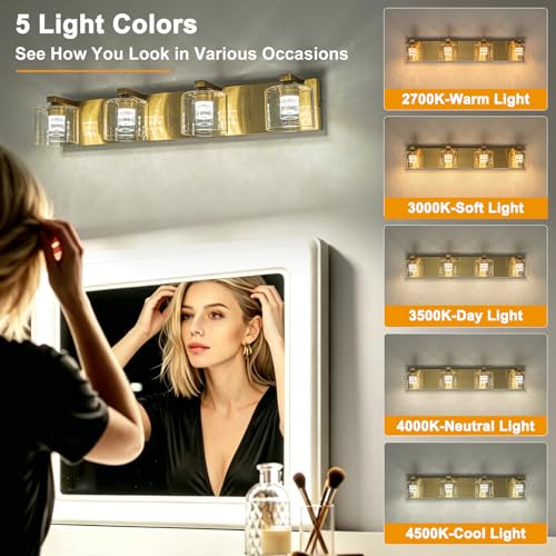 Image of foucasal LED Bathroom Vanity Lights, 5CCT Dimmable 2700K-4500K Vanity Light Fixtures Over Mirror, Modern Vanity Lighting for Bathroom Restroom Hallway Living Room (Brass, 4-Light)
