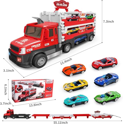 Image of Happy Hues Big Hauler Storage & Deform Truck Toy with 55 inch 2 Ejection Race Track & 6 Cars- Catapult Truck with LED Light & Music for Kids (Red)