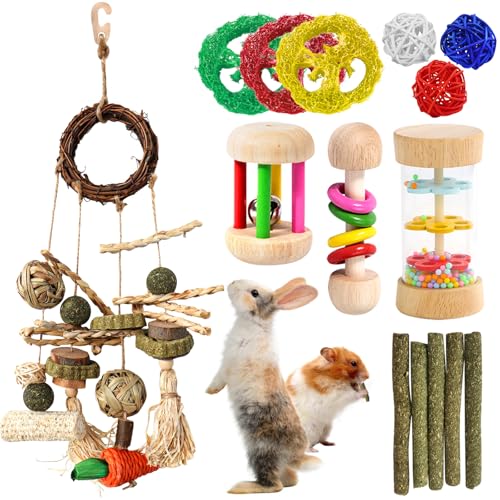 15PCS Rabbit Toys for Bunnies Boredom Enrichment with Chinchilla Hamster Rat Guinea Pig Bunny Toys for Rabbits Indoor Wooden Hanging Bunny Rabbit Chew Toy for Teeth Keep Busy Grass Sticks Treat Balls