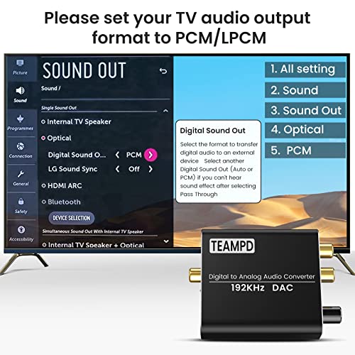 DAC Convertisseur Audio 192KHz, TEAMPD Adaptateur Audio Aluminium Numérique vers Analogique avec Contrôle Volume, Digital SPDIF Optique Coaxial Toslink vers Stéréo L/R RCA Jack 3,5mm pour PS4 Xbox HD