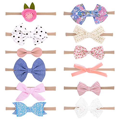 Baby Girls Nylon Headbands, IIS Chiffon Flowers Bows Newborn Infant Toddler Hairbands and Child Hair Accessories (Multicolored-7-12PCS)