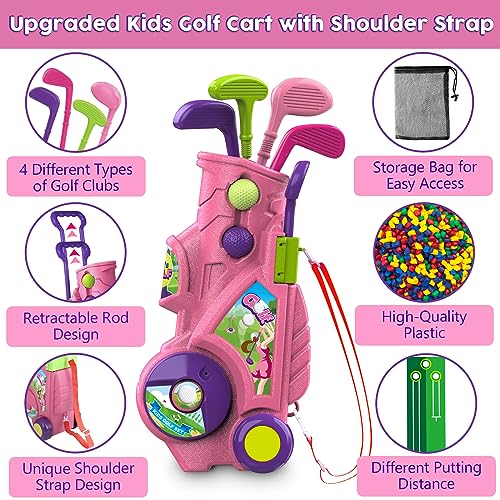 Toddler Golf Set, Upgraded Kids Golf Clubs with Putting Mat, Toys for Girls 3 4 5+ Years Old, Indoor Outdoor Sports Golf Toys with 4 Clubs, 8 Balls, 2 Practice Holes, Shoulder Strap, 20 PCS