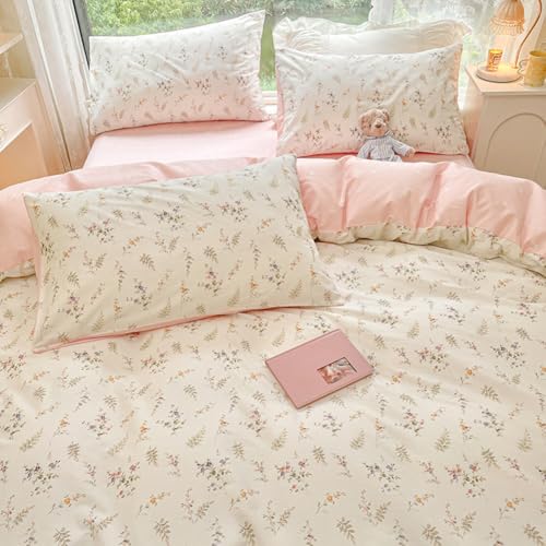 Image of Nayoroom Floral Duvet Cover Full Size Girls Pink White Botanical Flower Coquette Bedding Set 3 Pieces Soft Breathable Garden Cottagecore Aesthetic Comforter Cover with Pillow Shams